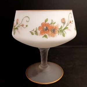 Vintage Handpainted Floral Frosted Glass Compote